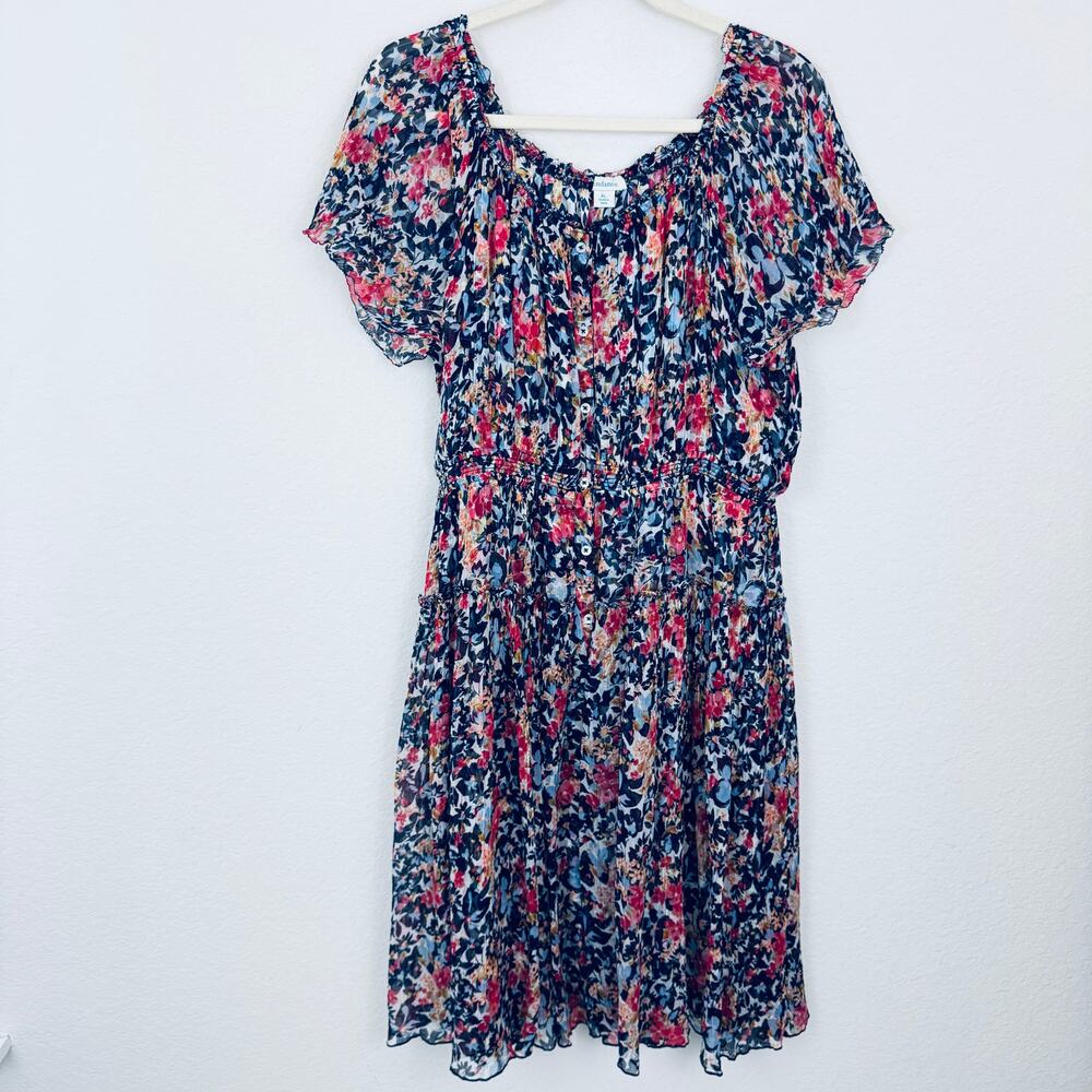 Sundance Womens Clarisse Midi Dress Size L Petite Floral Boho Smocked Red Blue